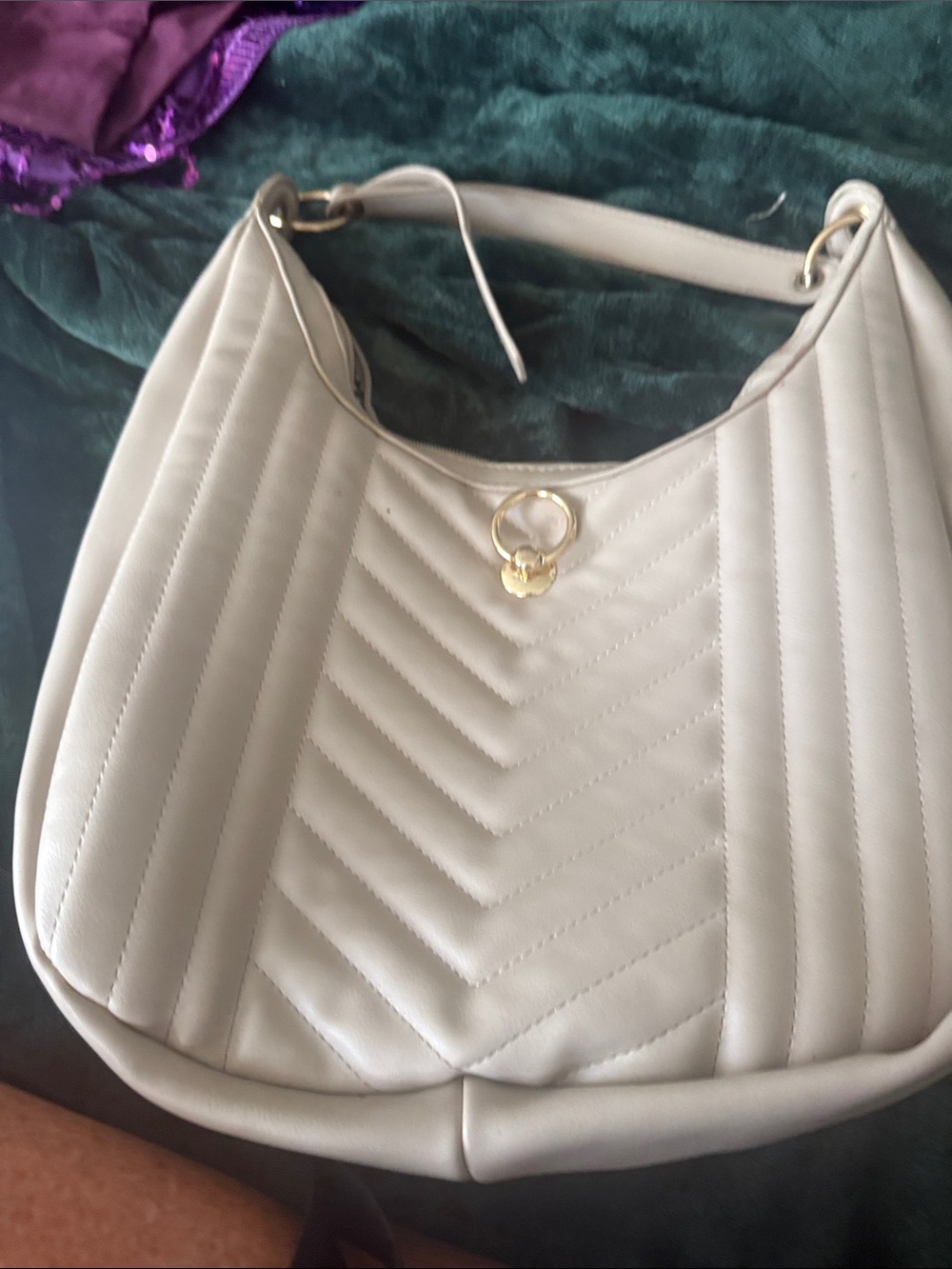Quilted Cream Shoulder Bag with Gold Ring Accent